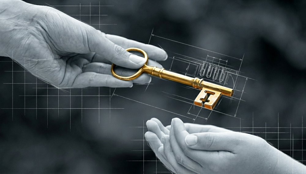 A grayscale close-up of an adult's hand passing an ornate antique key to a younger person's waiting hands. The key is rendered in vivid, metallic gold, standing out against the desaturated background. Fine, white architectural sketch lines, grid patterns, and technical schematics overlay the hands and key, giving it the style of a guide for inheritnace advances