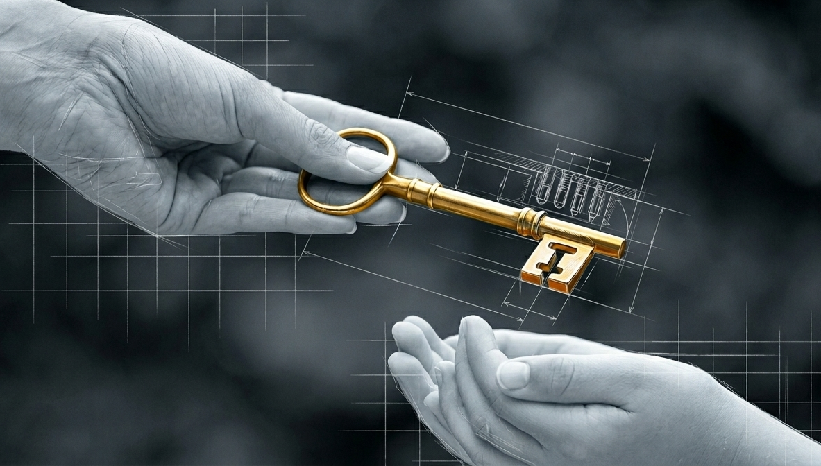 A grayscale close-up of an adult's hand passing an ornate antique key to a younger person's waiting hands. The key is rendered in vivid, metallic gold, standing out against the desaturated background. Fine, white architectural sketch lines, grid patterns, and technical schematics overlay the hands and key, giving it the style of a guide for inheritnace advances