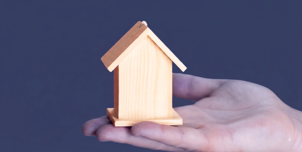 "A close-up photograph showing a person's open hand cradling a small, plain, wooden model of a house with a peak roof. The hand is viewed from the side, and the background is a solid, deep, muted blue."
