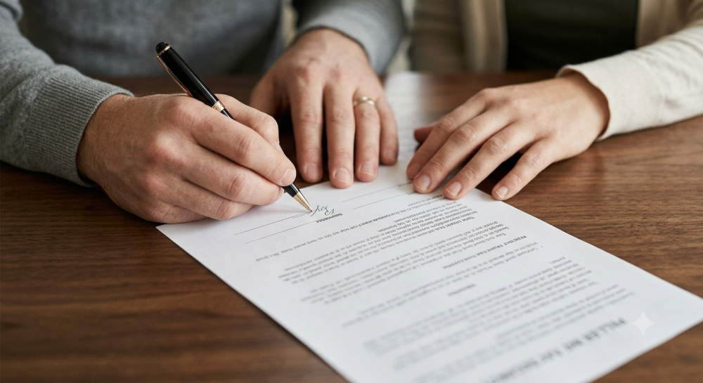 Close-up of a couple's hands reviewing and signing a document together for a blog post titled "A Fairer End to Relationships: What Cohabitation Reform Is Being Proposed?"