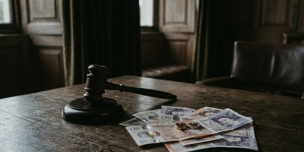 Gavel, rings and rings in court room illustrating divorce proceedings