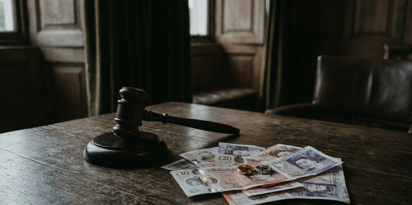 Gavel, rings and rings in court room illustrating divorce proceedings